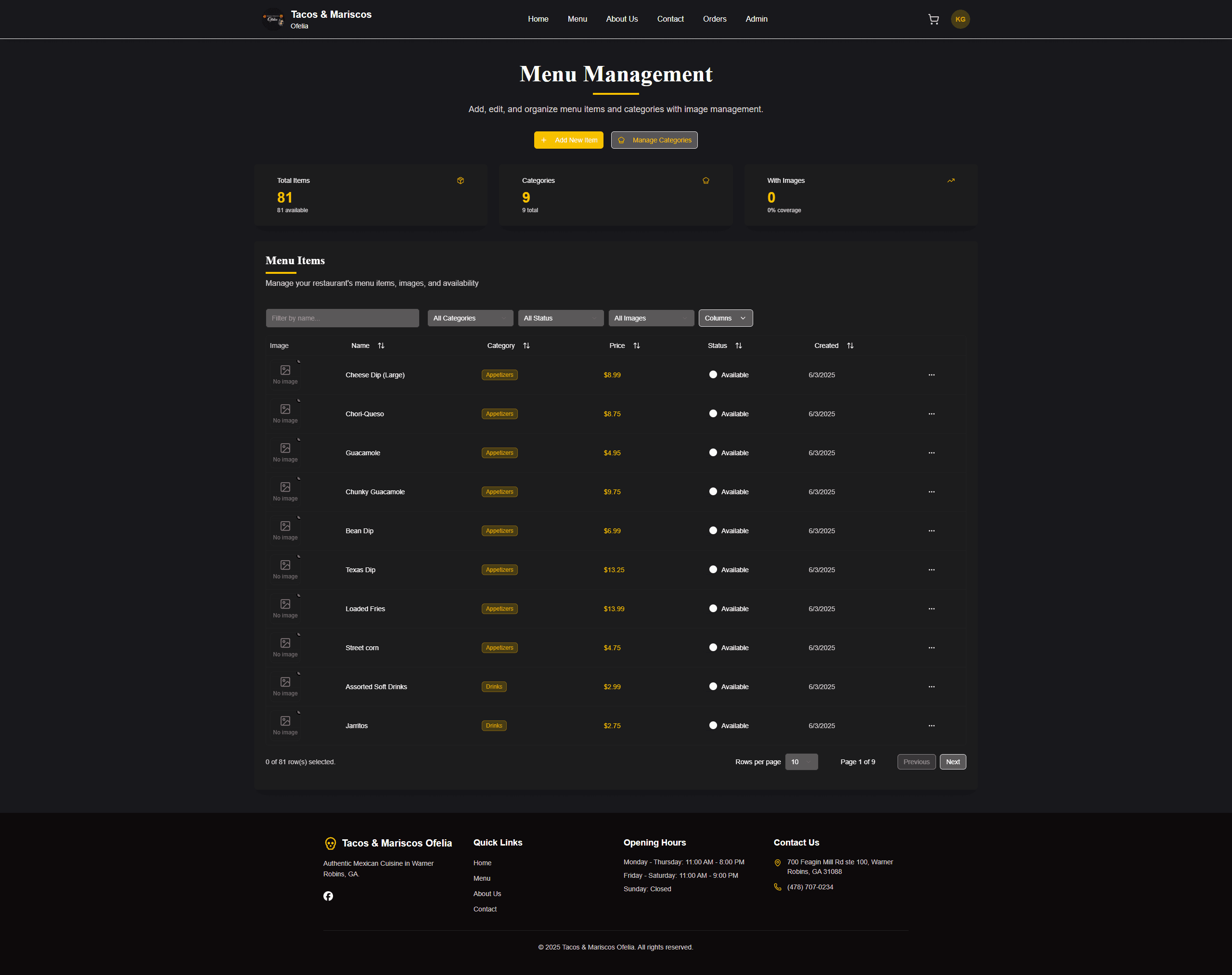 Menu Management Dashboard