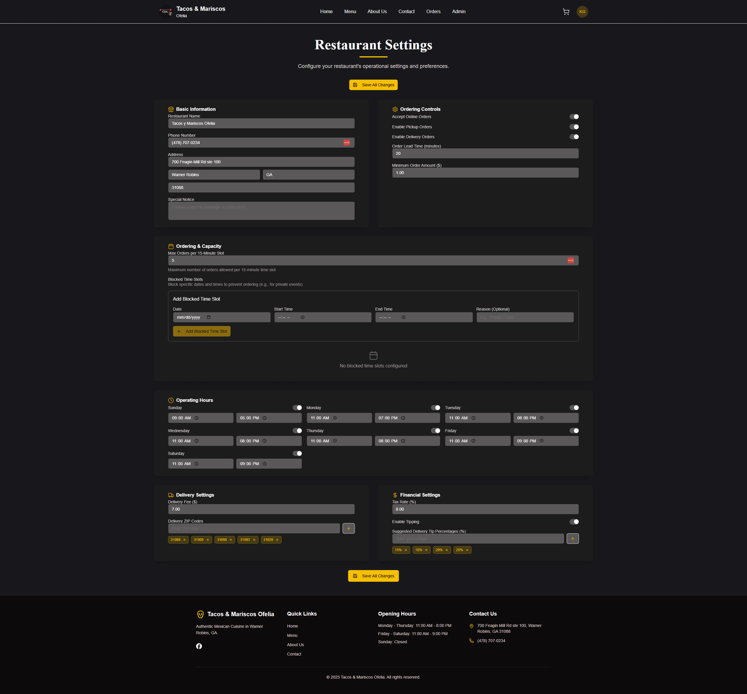Restaurant Settings Dashboard