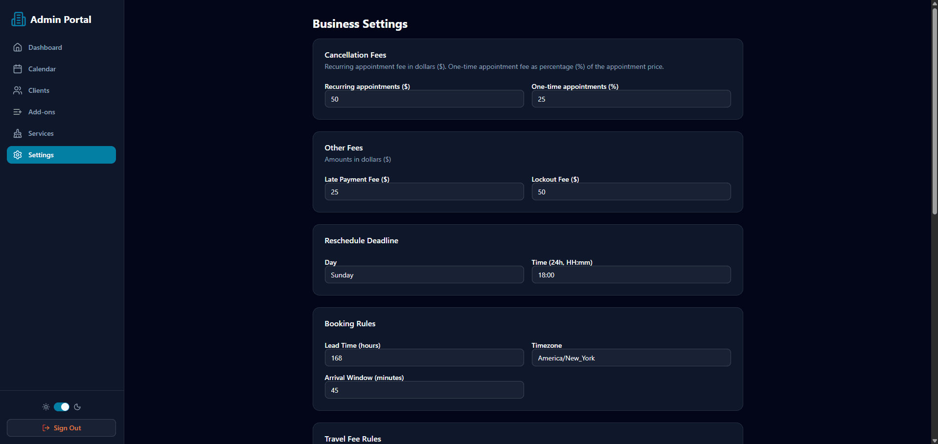 Admin Business Settings Management