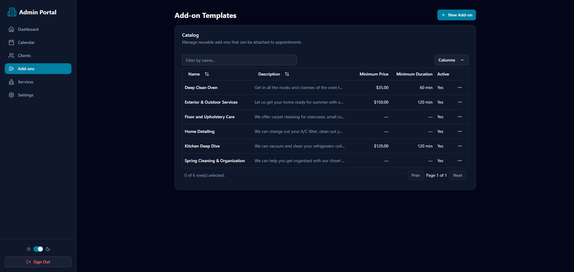 Admin Cleaning Add-Ons Management