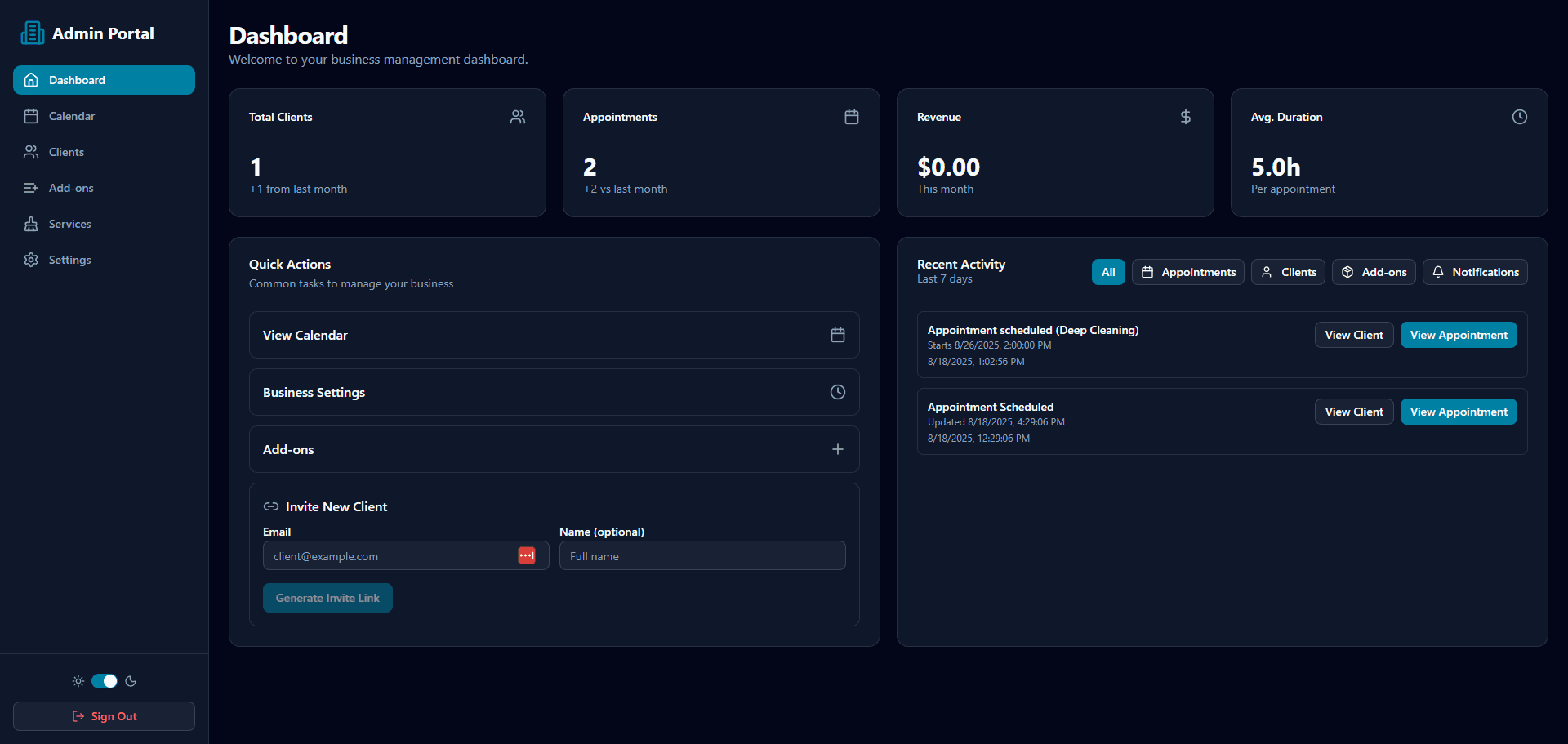Admin Portal Dashboard